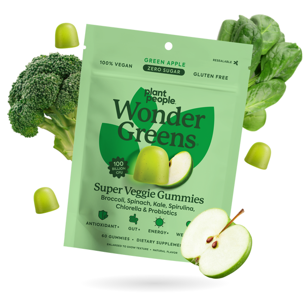 Packaging of Plant People Wonder Greens Super Veggie Gummies with green apple, broccoli, and spinach on a white background.